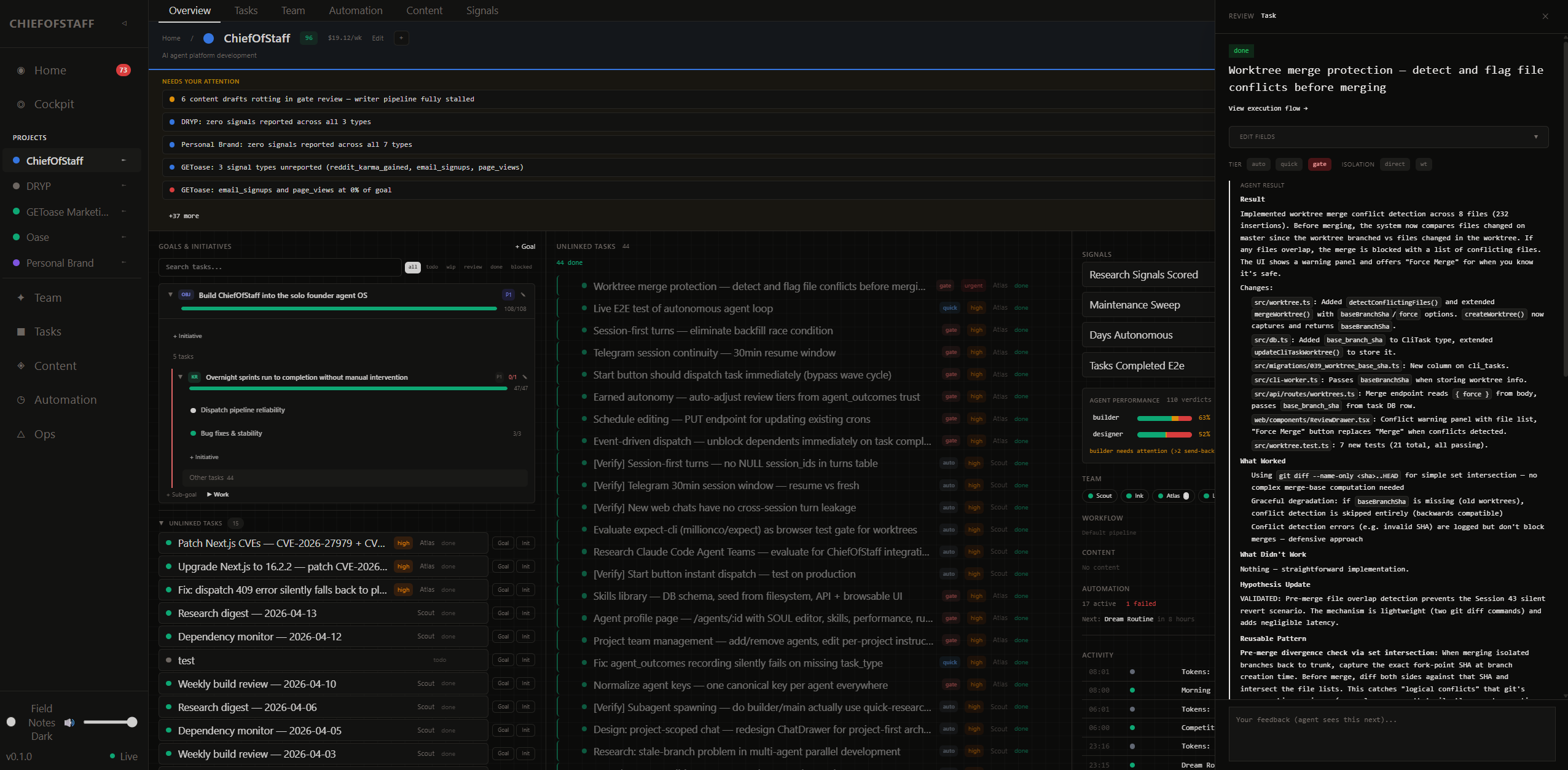 ChiefOfStaff cockpit — the operator view where agent work surfaces for review