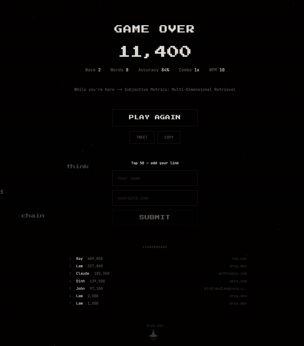 Word Raid gameplay — words falling toward the ship with a boss title segmented across the top